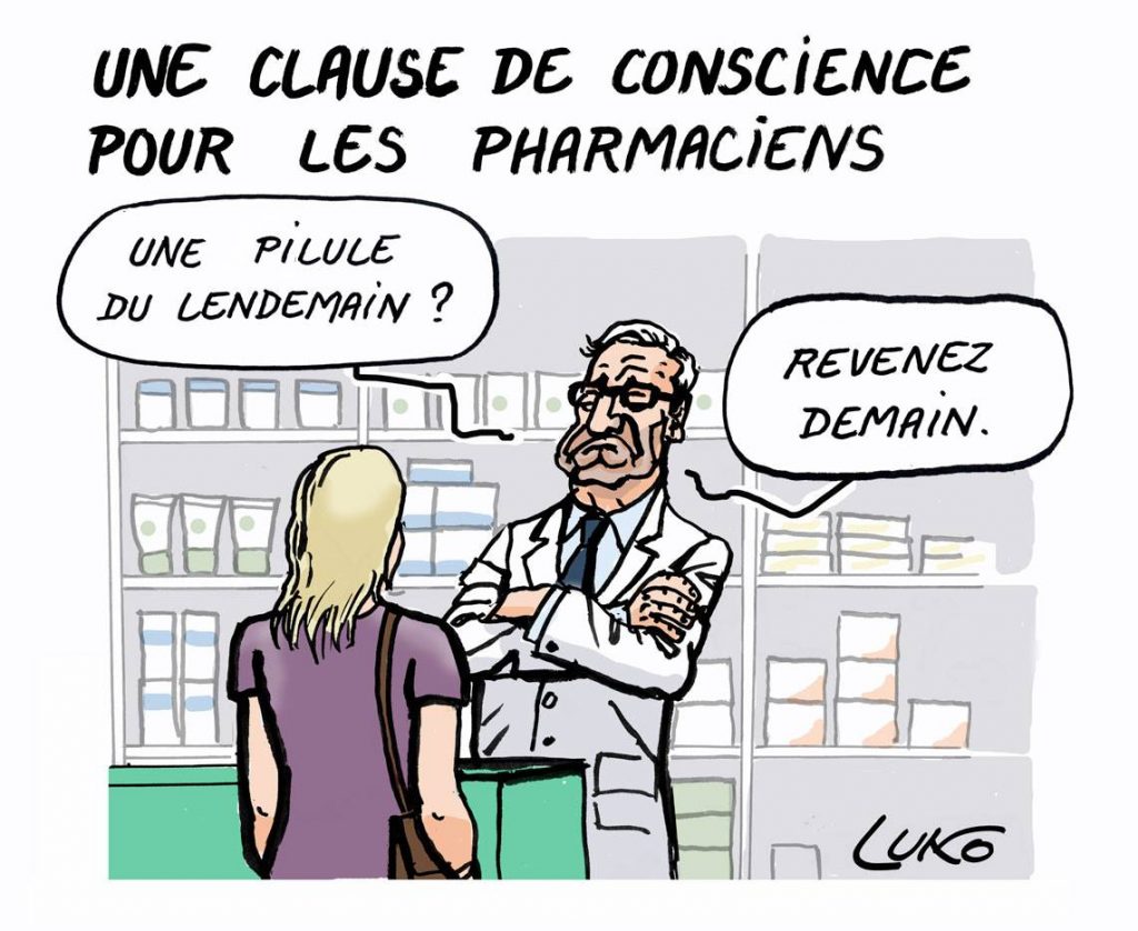 dessin d'actualité drôle sur la clause de conscience des pharmaciens