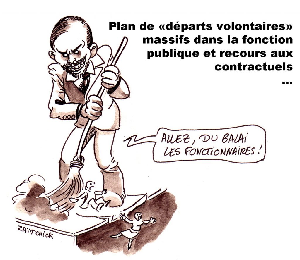 dessin d'actualité humoristique sur la diminution du nombre de fonctionnaires