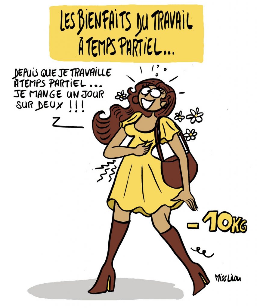 dessin d'actualité humoristique sur le travail à temps partiel