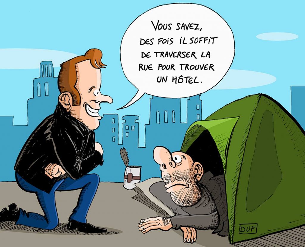 dessin d'actualité humoristique sur la participation d'Emmanuel Macron à une maraude du Samu Social
