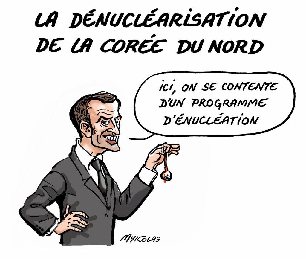 Dessin d’actualité humoristique d’Emmanuel Macron et la dénucléarisation de la Corée du Nord
