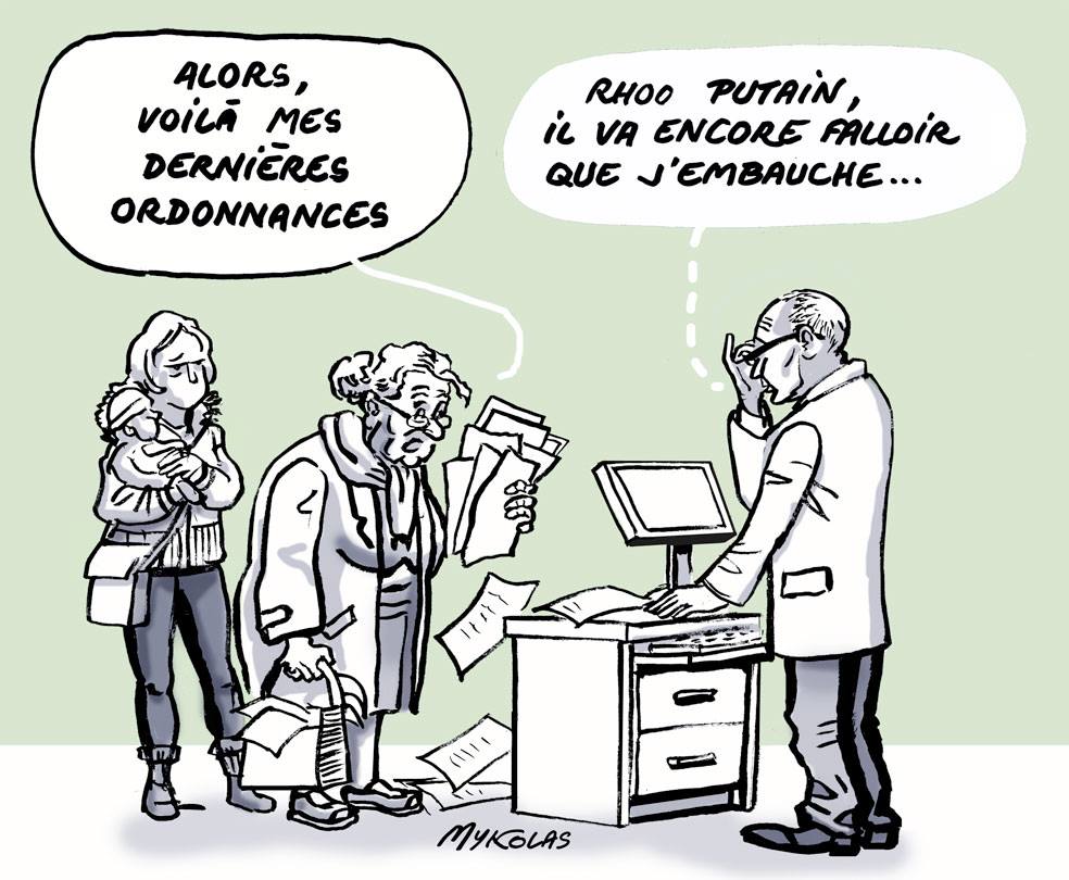 dessin d'actualité humoristique sur l'obligation d'embauche des pharmaciens