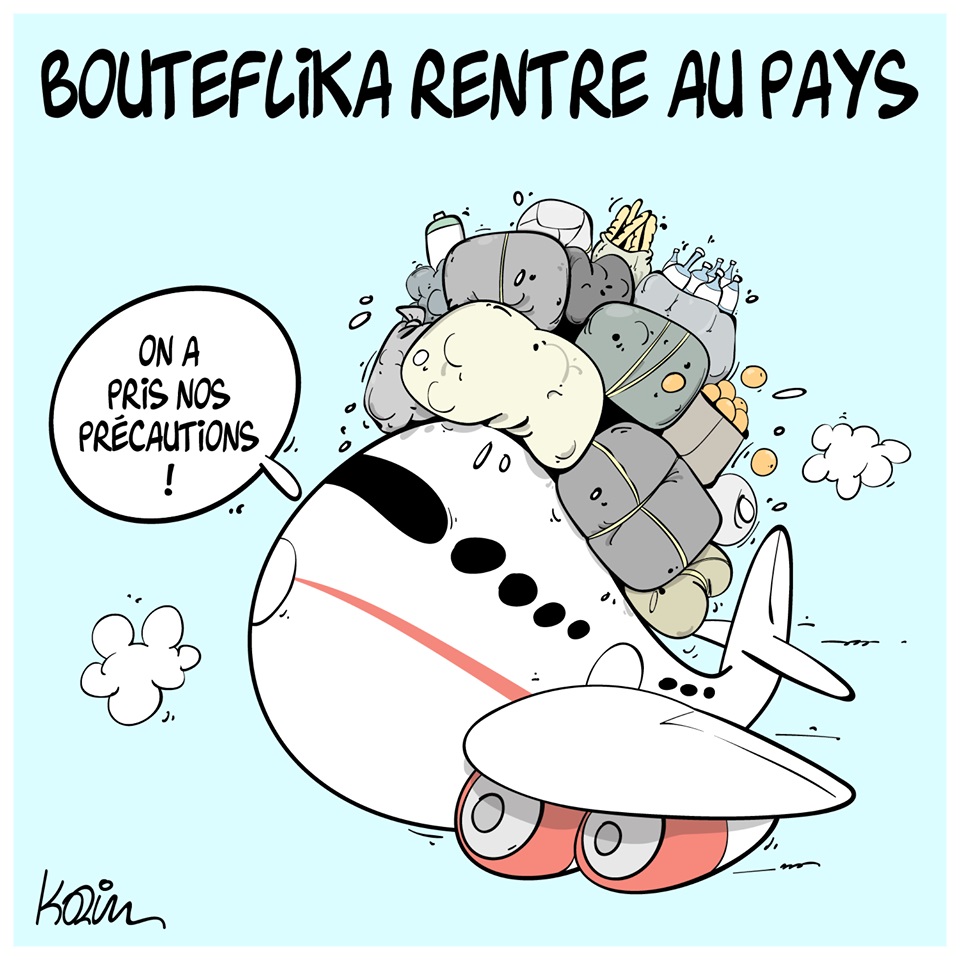 dessin d'actualité humoristique sur le retour au pays d'Abdelaziz Bouteflika