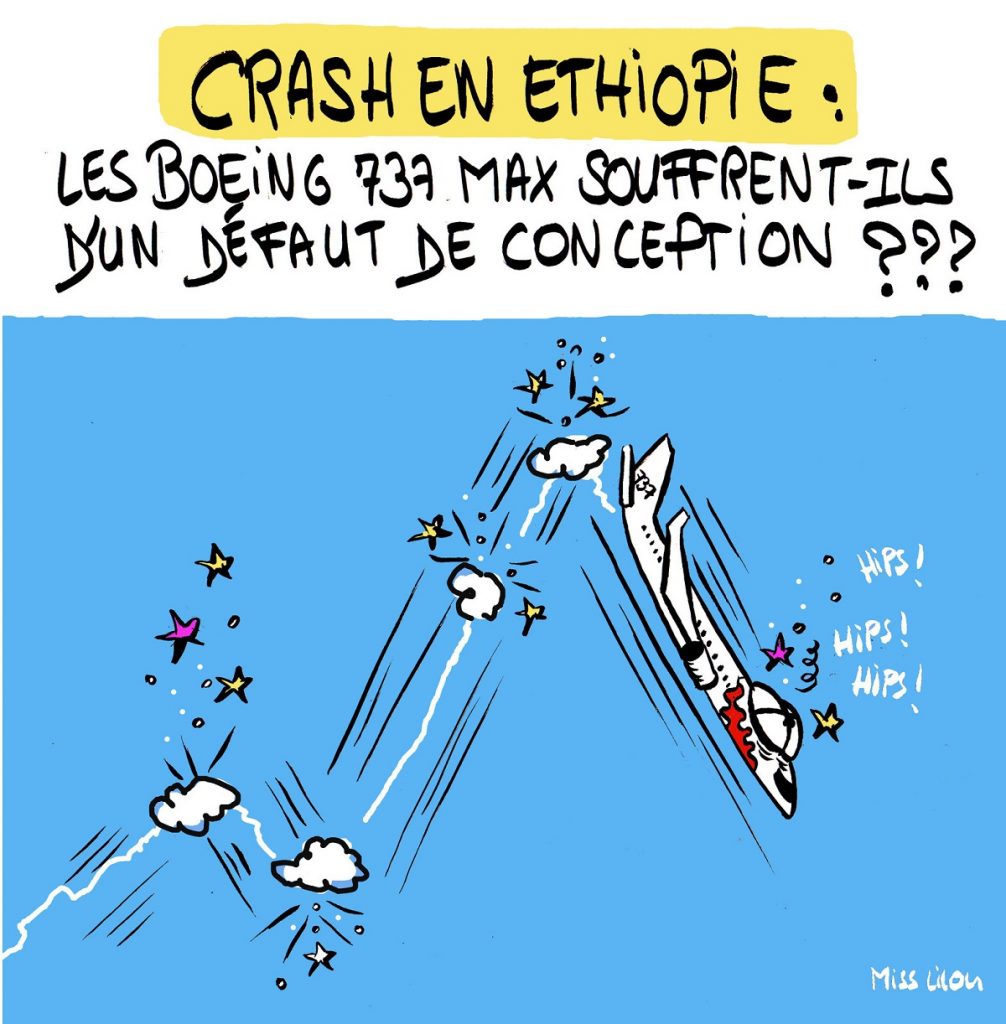 dessin d’actualité humoristique sur le crash d’un Boeing 737 MAX en Éthiopie