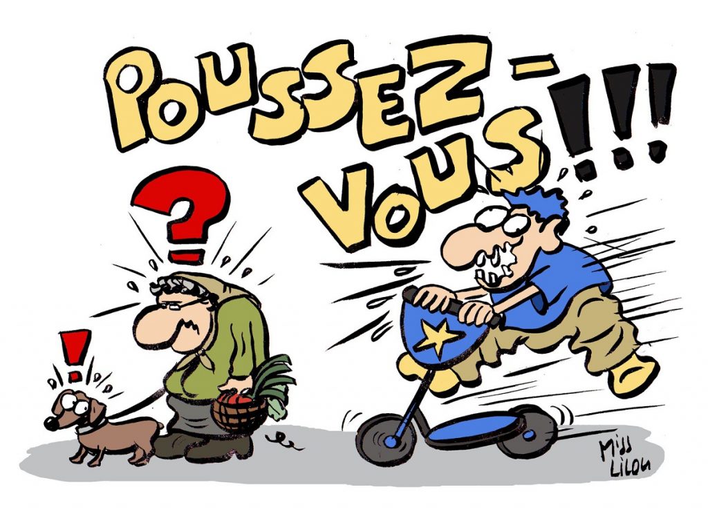 dessin d’actualité humoristique sur le sans-gêne des utilisateurs de trottinettes