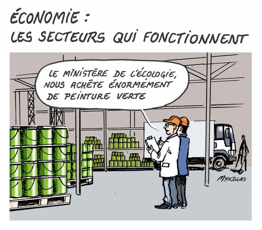 dessin d'actualité humoristique sur l'économie dopée par l'écologie