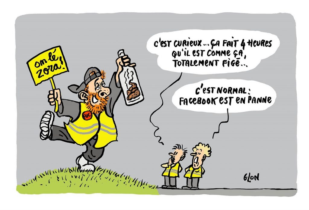 dessin d’actualité humoristique sur Maxime Nicolle victime de la panne Facebook