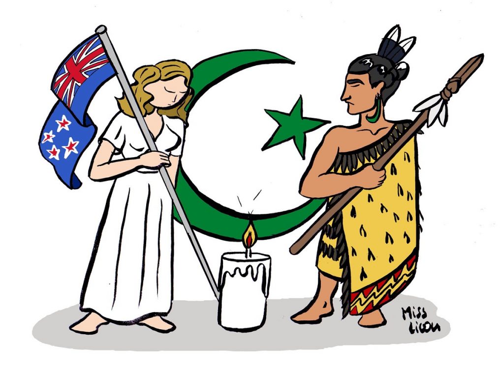 dessin d'actualité humoristique en hommage à l'attentat contre deux mosquées à Christchurch en Nouvelle-Zélande