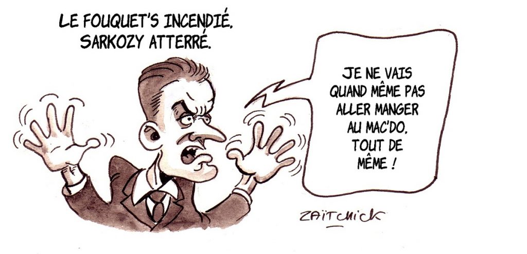 dessin d'actualité humoristique sur Nikolas Sarkozy et l'incendie du Fouquet's lors de l'acte 18