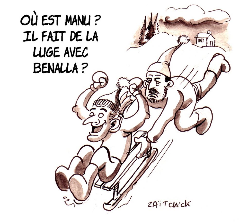 dessin d'actualité humoristique sur Emmanuel Macron en sortie ski pendant les incendies de l'acte 18