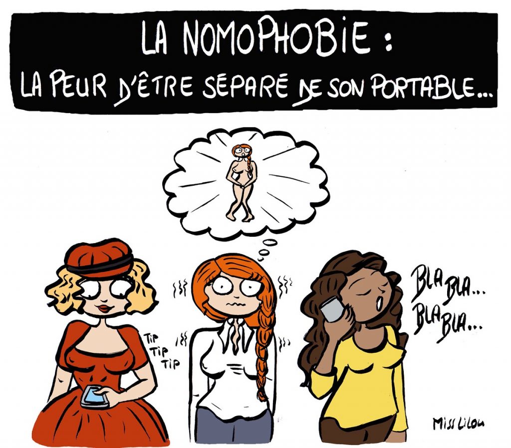 dessin d'actualité humoristique sur la nomophobie ou peur d'être séparé de son portable