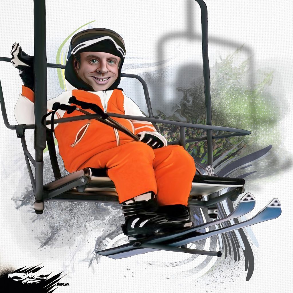 dessin d'actualité humoritsique sur le weekend au ski d'Emmanuel Macron pendant l'acte 18 des gilets jaunes