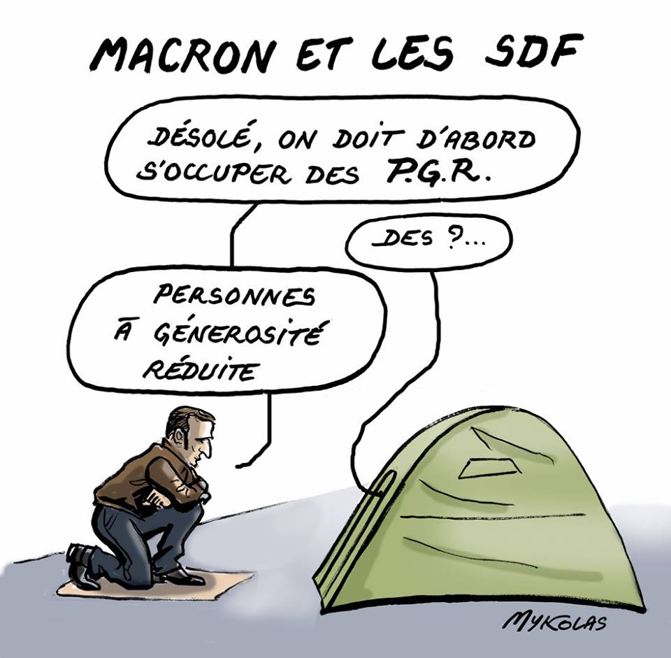 dessin d'actualité humoristique sur la participation d'Emmanuel Macron à une maraude du Samu Social