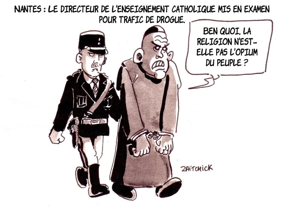 dessin d’actualité sur la mise en examen pour trafic de drogues de Philippe Cléac'h, directeur de l’enseignement catholique de Nantes