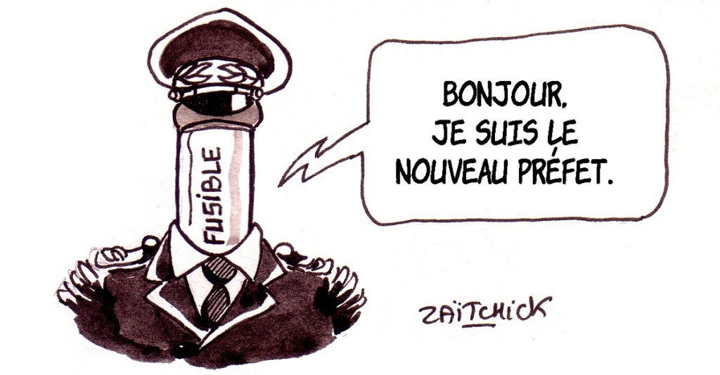 dessin d'actualité humoristique sur le limogeage de Michel Delpuech et la nomination de Didier Lallement en tant que nouveau préfet de police de Paris