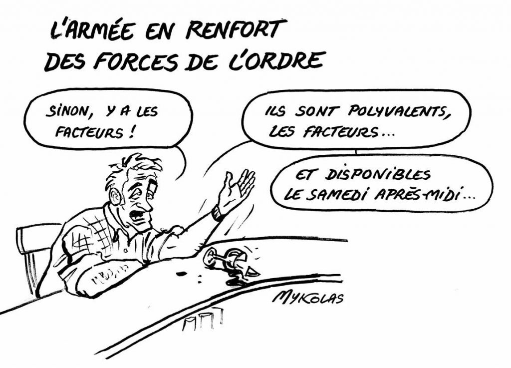 dessin d'actualité humoristique sur la mobilisation des militaires pour l'acte 19 des gilets jaunes