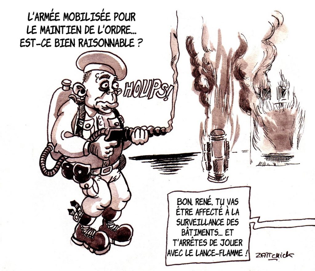 dessin d'actualité humoristique sur la mobilisation des militaires pour l'acte 19 des gilets jaunes