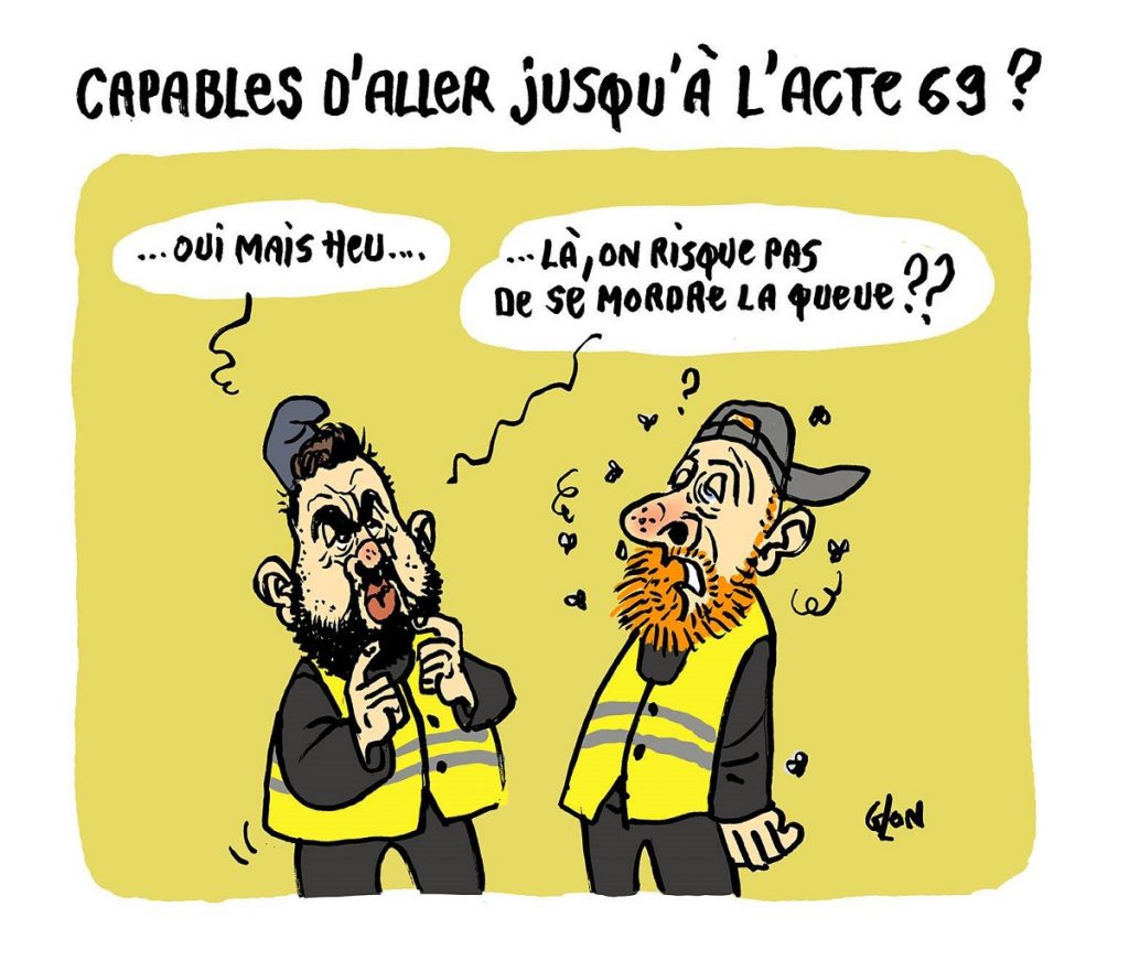 dessin d'actualité humoristique sur les leaders des gillets jaunes et la durée du mouvement