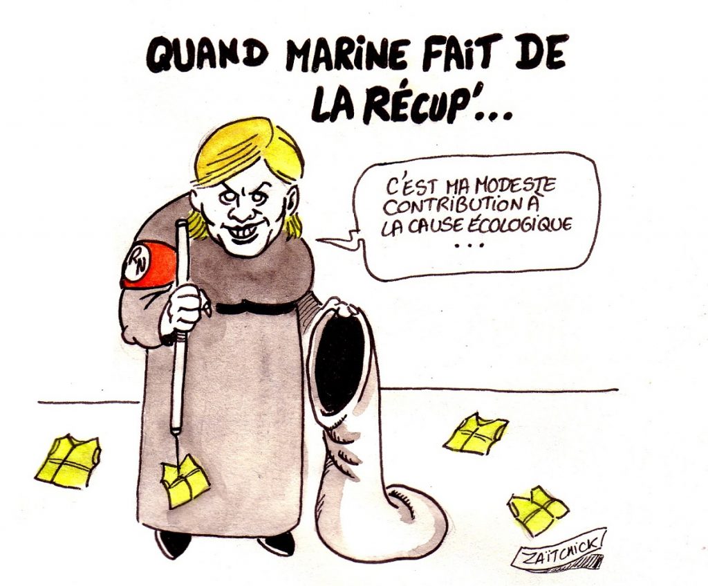 dessin d'actualité humoristique sur la récupération du mouvement des gilets jaunes par Marine Le Pen