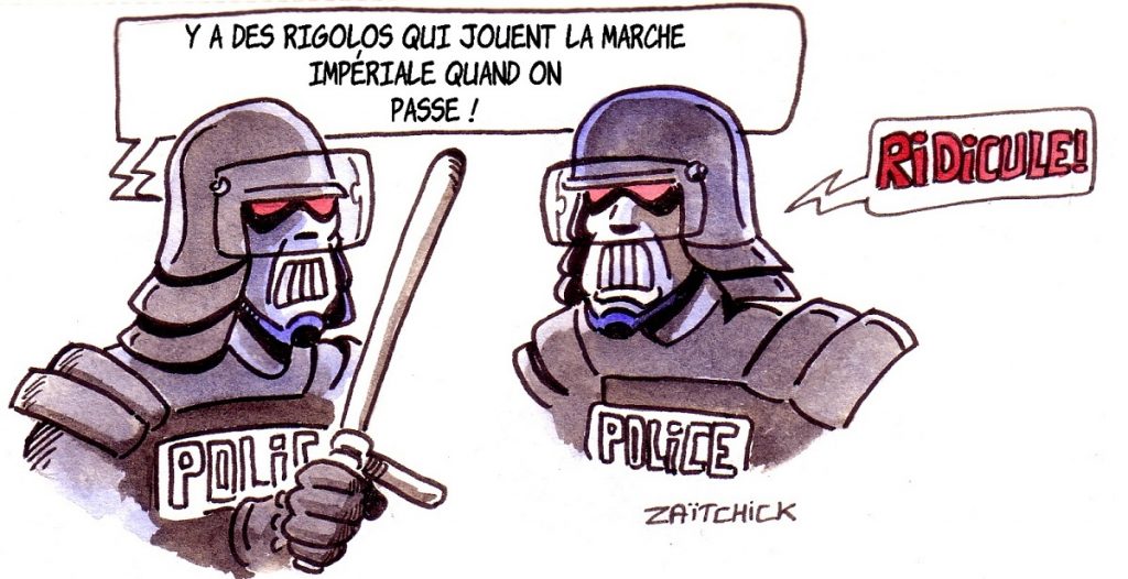 dessin d'actualité humoristique sur le trompettiste qui a joué la Marche Impériale de Star Wars sur le passage des CRS