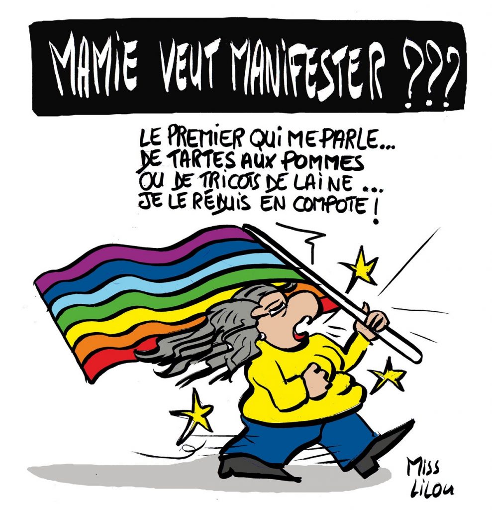 dessin d'actualité humoristique sur Geneviève Legay et les manifestations des personnes âgées