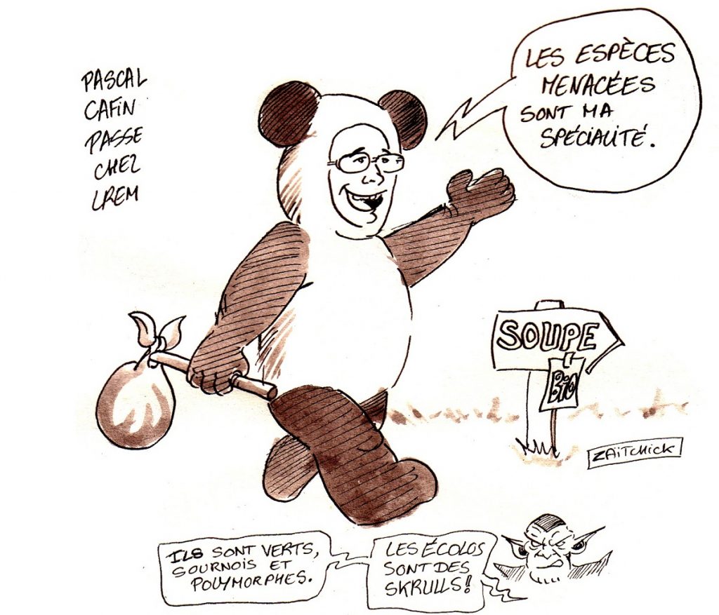 dessin d’actualité humoristique sur le retournement de veste de Pascal Canfin qui se présente sur la liste LREM