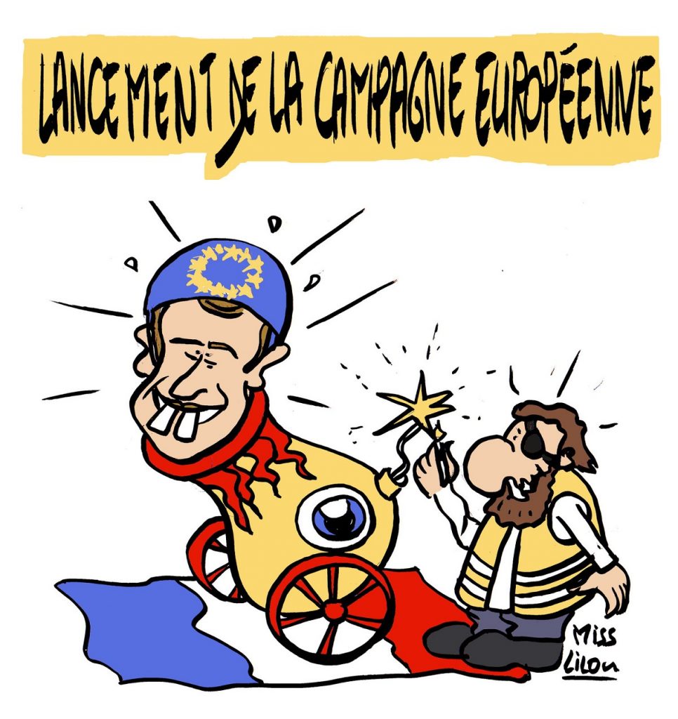 dessin d'actualité humoristique sur le lancement de la campagne des élections européennes