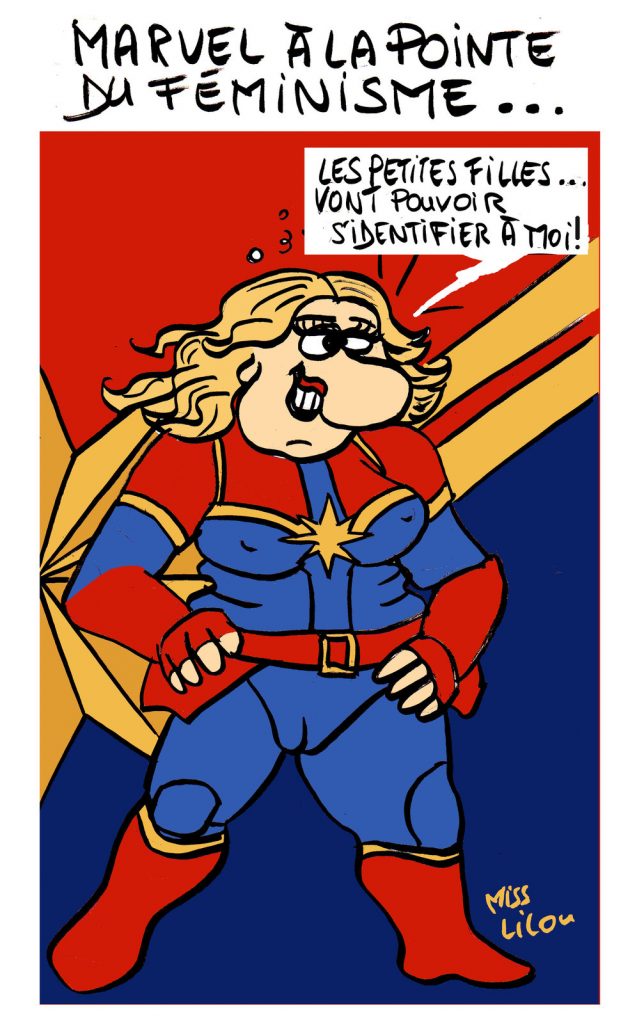 dessin d'actualité humoristique sur la sortie de Captain Marvel au cinéma