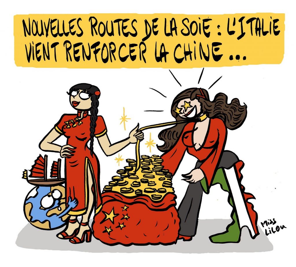 dessin d'actualité humoristique sur les accords conclus entre la Chine et l'Italie