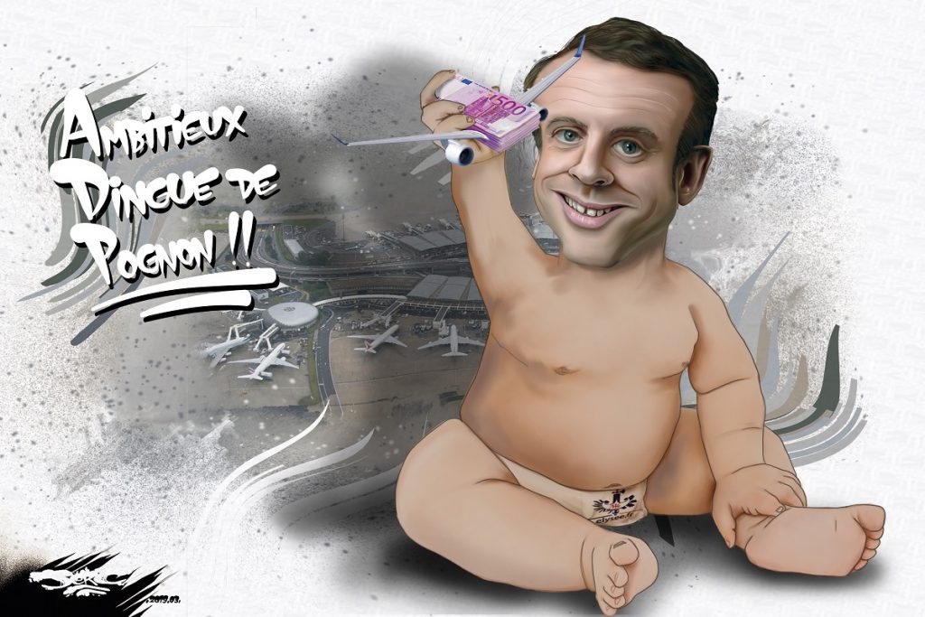 dessin d'actualité humoristique sur Emmanuel Macron et la privatisation d'ADP
