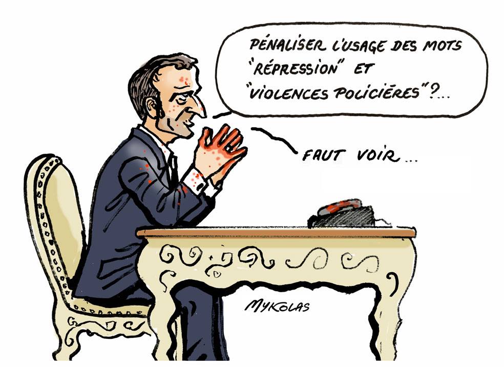 dessin d'actualité humoristique sur les mots qu'on ne peut pas prononcer dans un état de droit d'après Emmanuel Macron