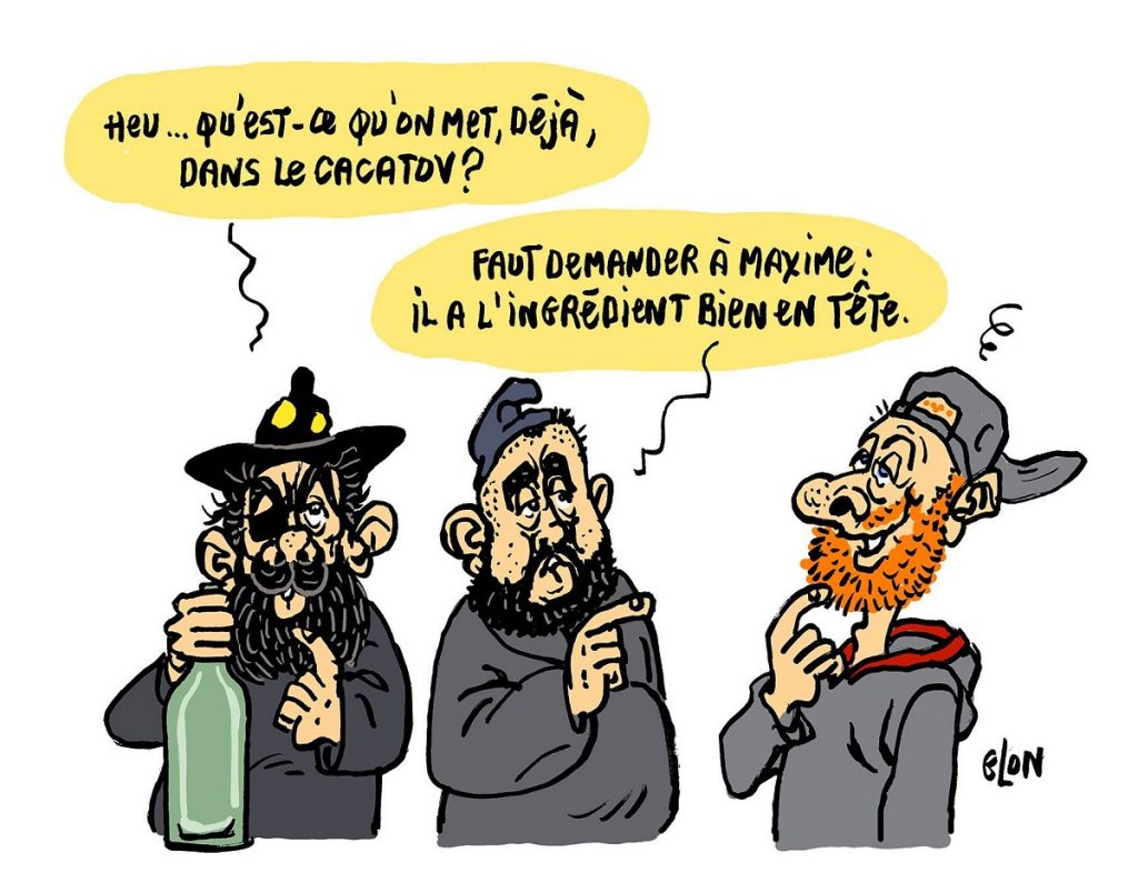 dessin d’actualité humoristique sur Jérôme Rodrigues, Maxime Nicolle et Éric Drouet s’interrogeant sur la composition du cacatov