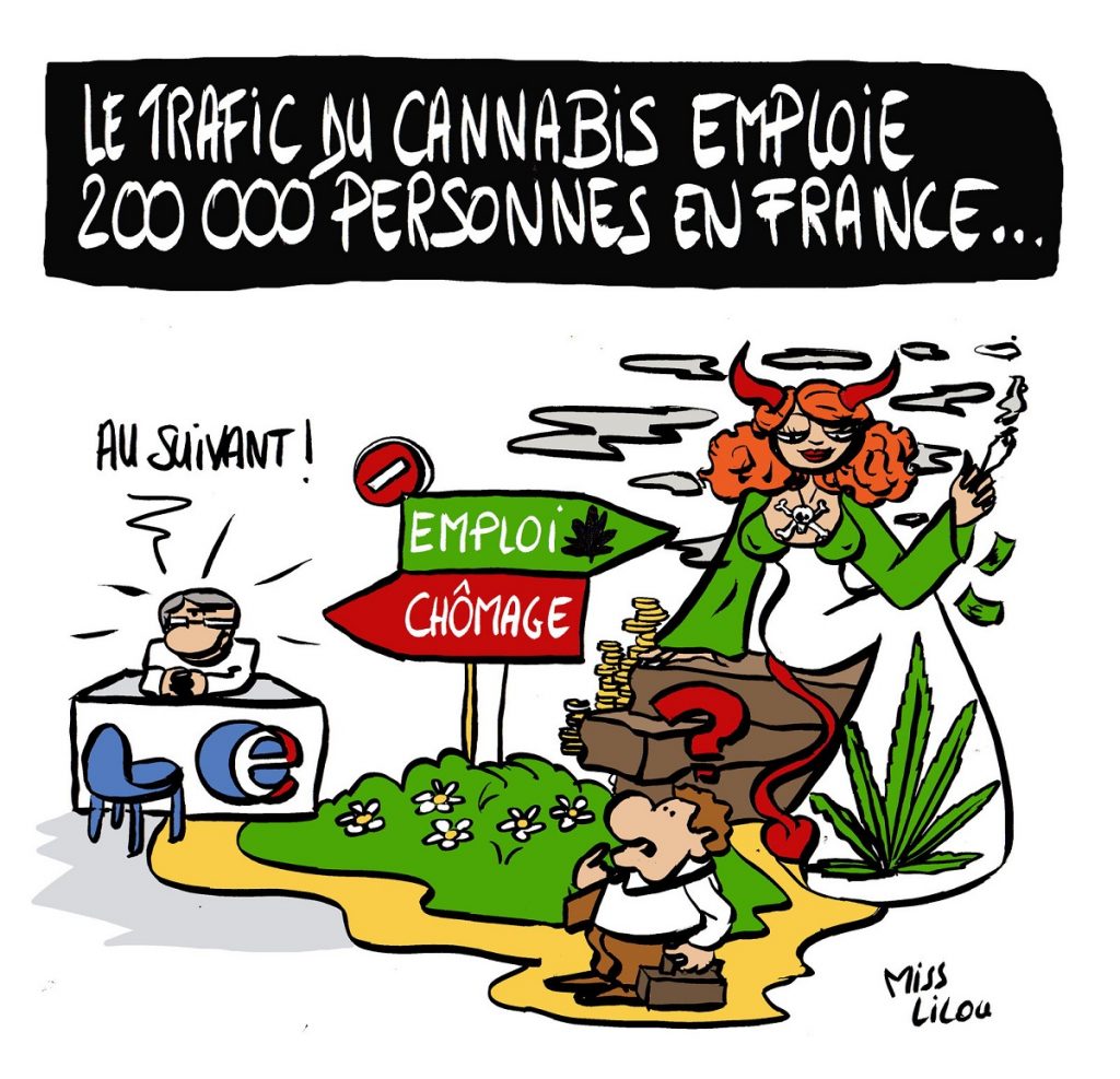 dessin d'actualité humoristique sur le trafic de cannabis en France