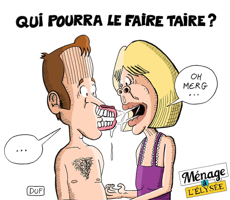 dessin d’humour sur le couple présidentiel et le dentier de Brigitte Macron