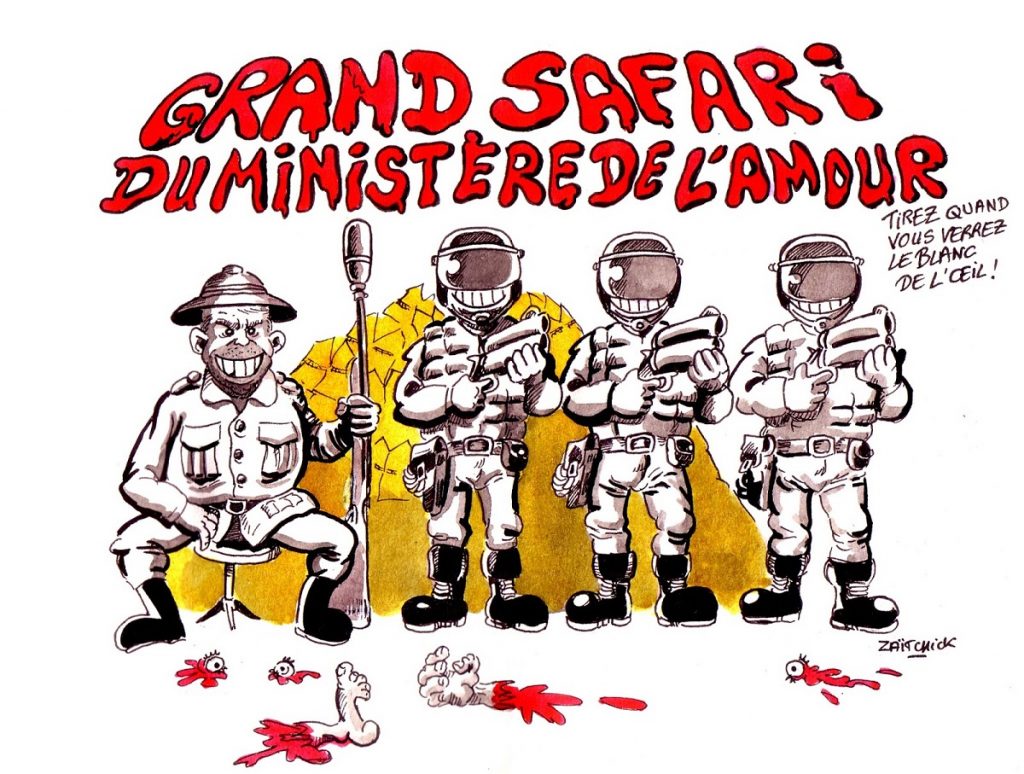 dessin d'actualité humoristique sur le mouvement des gilets jaunes et les violences policières