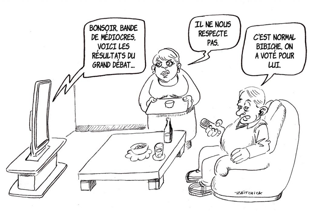 dessin d’actualité humoristique sur l’allocution d’Emmanuel Macron présentant les conclusions du Grand Débat