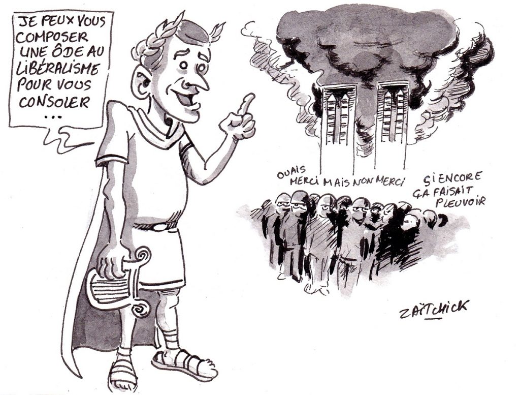 dessin d’actualité humoristique sur le dramatique incendie de Notre-Dame de Paris et la réaction d'Emmanuel Macron