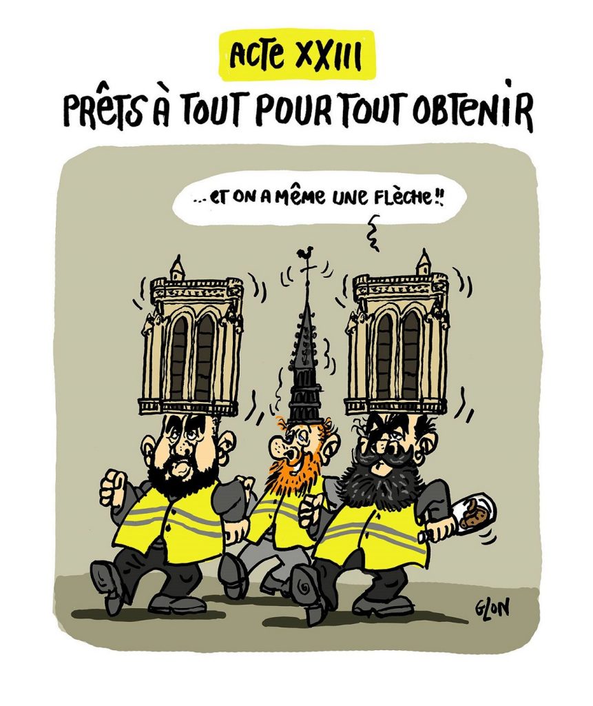 dessin d’actualité humoristique sur l’incendie de Notre-Dame de Paris et l’acte 23 des gilets jaunes