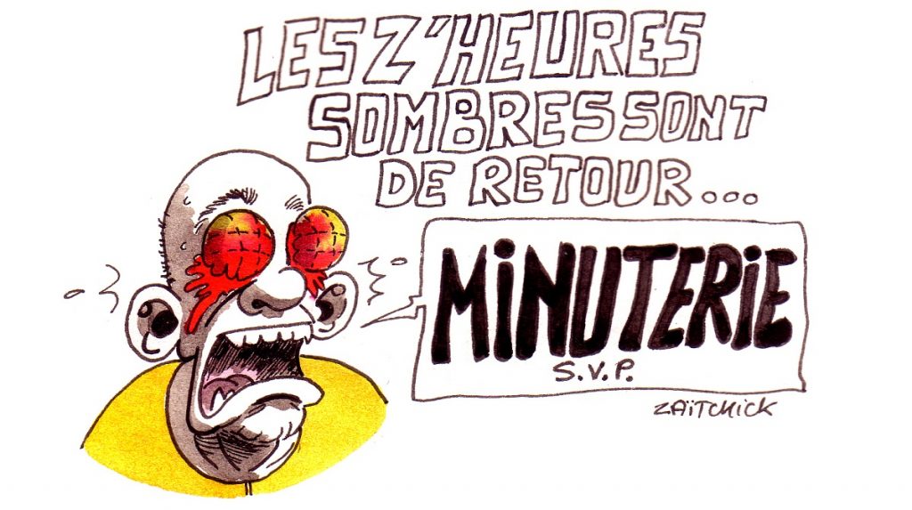 dessin d'actualité humoristique sur le retour des heures sombres