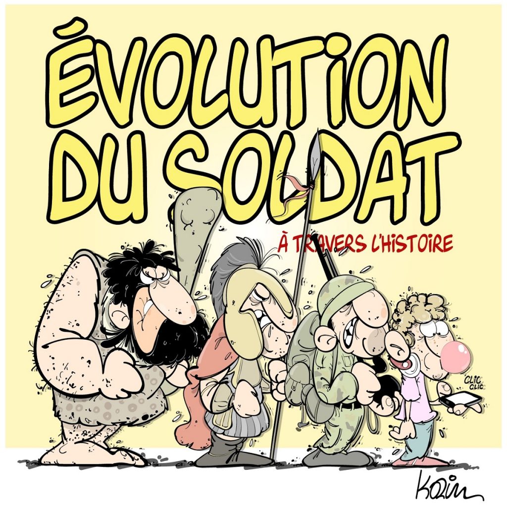 dessin d’actualité humoristique sur l’évolution du soldat à travers l’Histoire