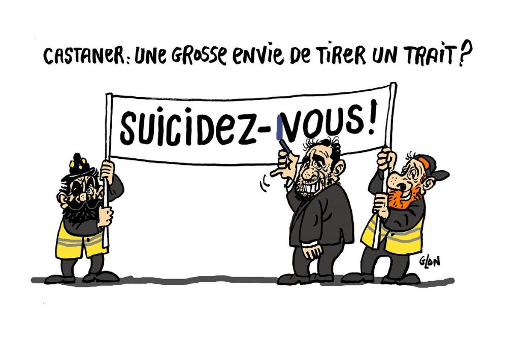 dessin d’actualité humoristique sur les slogans « suicidez-vous » lancés pendant l’acte 23 des Gilets Jaunes