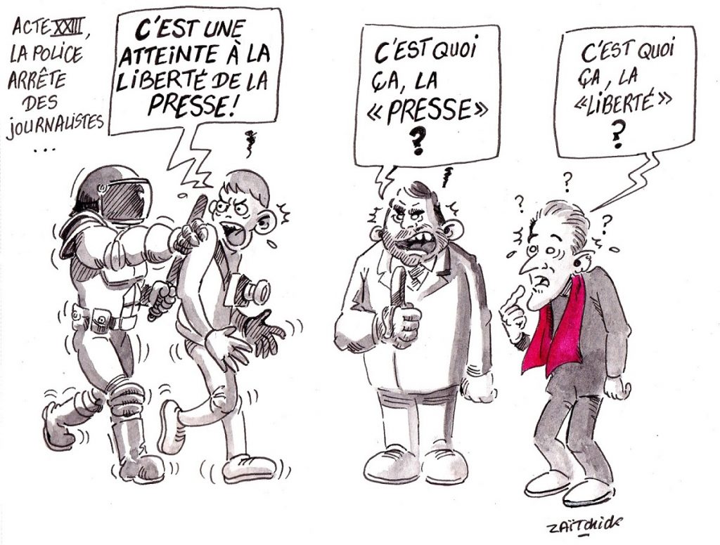 dessin d’actualité humoristique sur l’arrestation de journalistes pendant l’acte 23 des Gilets Jaunes