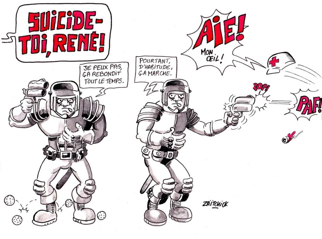 dessin d’actualité humoristique sur les slogans « suicidez-vous » lancés pendant l’acte 23 des Gilets Jaunes