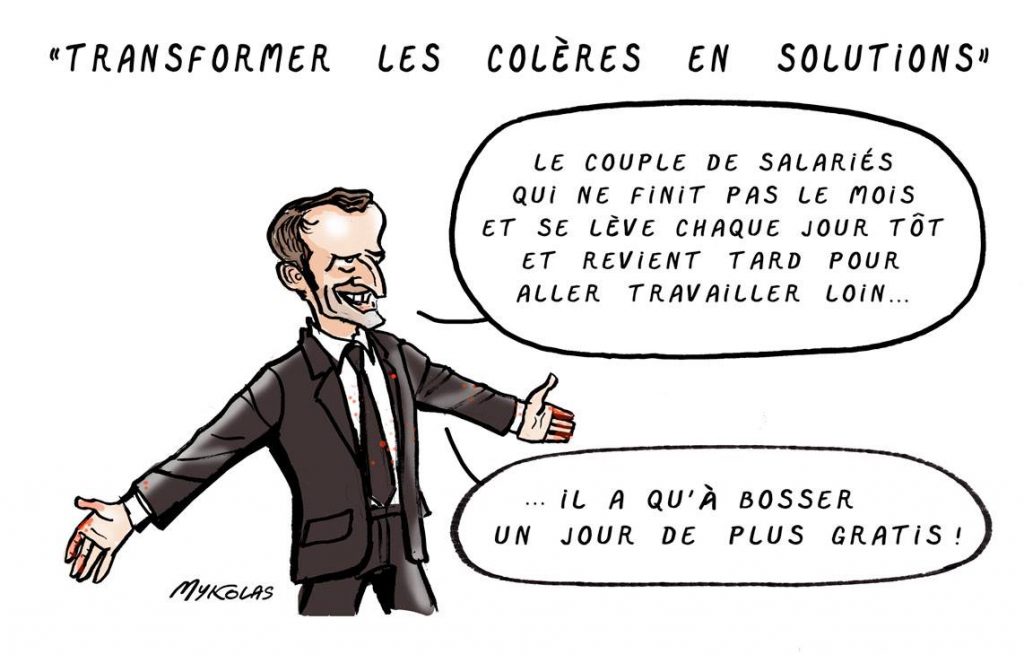 dessin d’actualité humoristique sur la proposition d’Emmanuel Macron de supprimer un deuxième jour férié