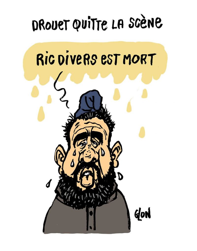 dessin d’actualité humoristique sur la mort de Dick Rivers et la pause d’Éric Drouet