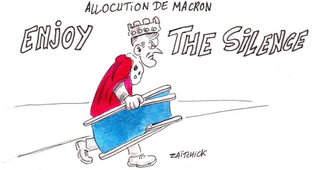 dessin d’actualité humoristique sur l’allocution télévisée d’Emmanuel Macron suite au Grand Débat National