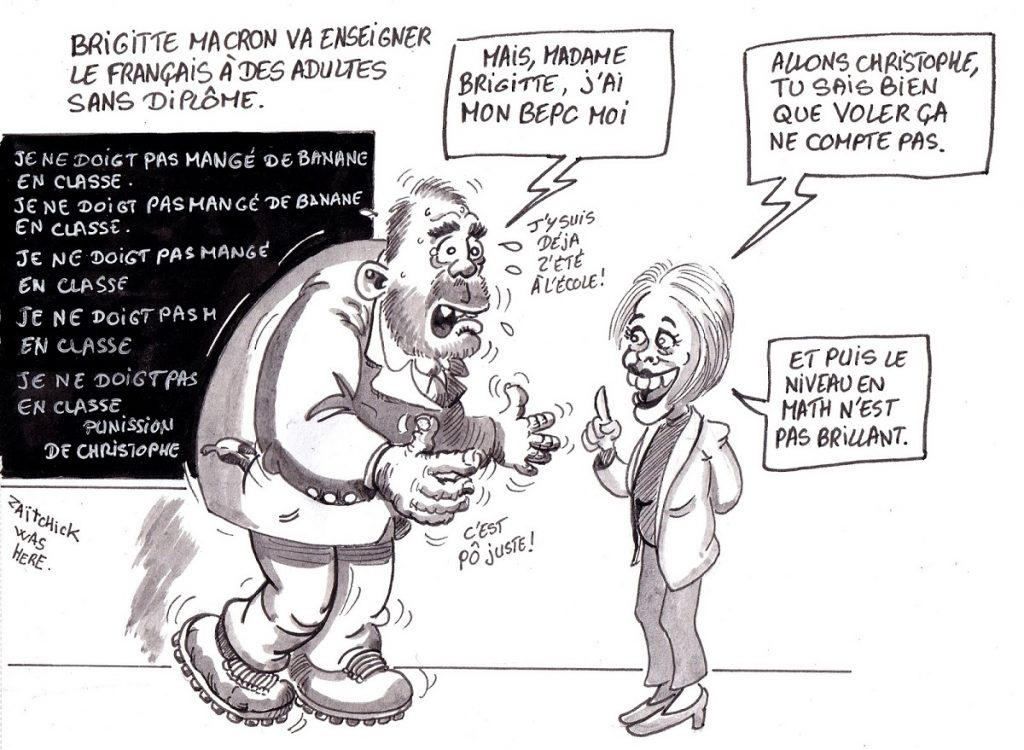 dessin d’actualité humoristique sur le retour à l’enseignement de Brigitte Macron