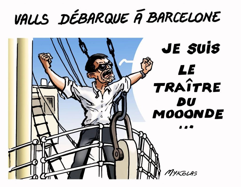 dessin d'actualité humoristique sur l'arrivée de Manuel Valls à Barcelone