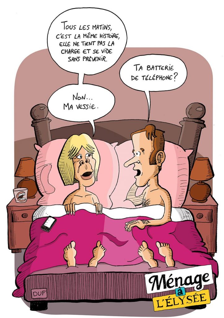 dessin d’humour sur le couple présidentiel et la vessie de Brigitte Macron