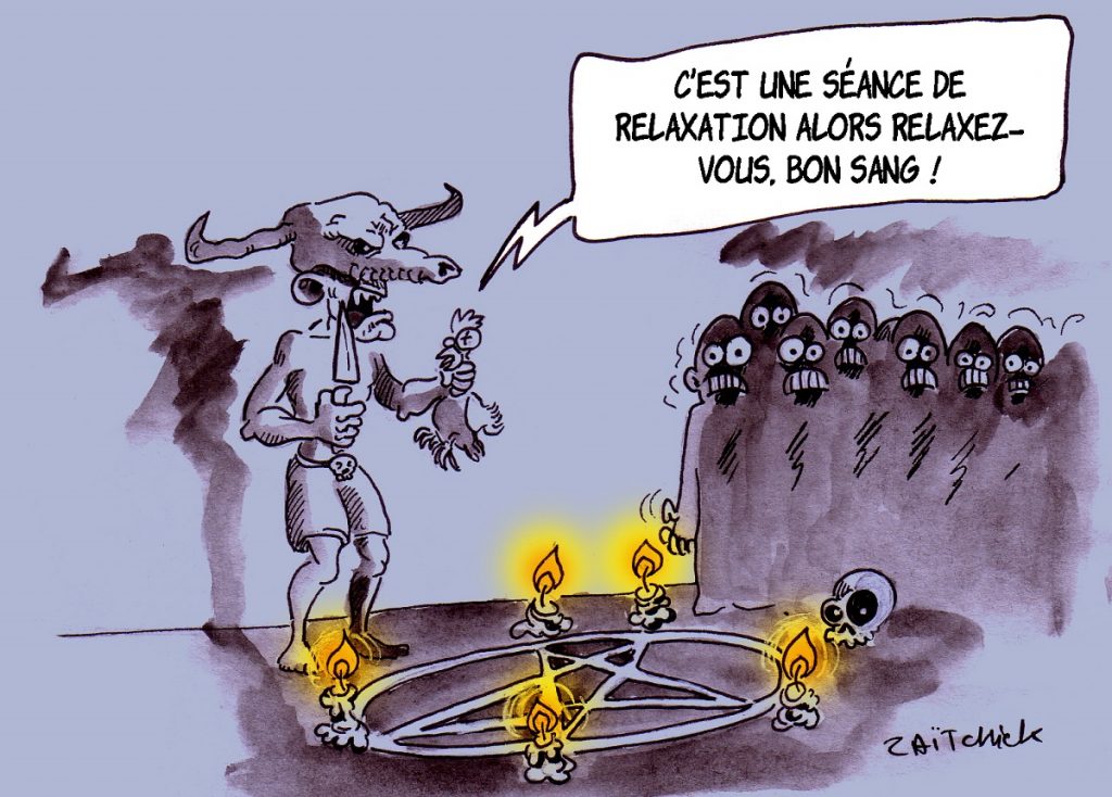 dessin d'actualité humoristique sur le satanisme et la relaxation